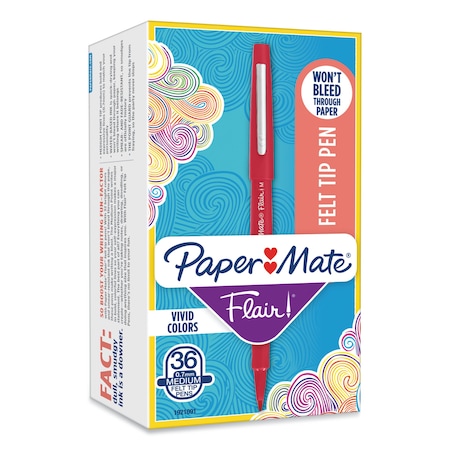 Paper Mate Point Guard Flair Felt Tip Porous Point Pen, Stick, Bold 1.4 mm, Red Ink, Red Barrel, PK36 1921091